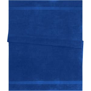 A blue bath sheet featuring a textured design and a logo in one corner.