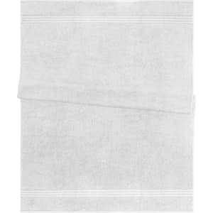 A white bath sheet featuring a textured design and stripes, with a logo present.