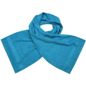 A turquoise gym towel with a soft texture, featuring a simple design and a logo.