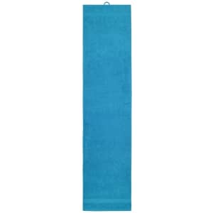 A blue sport towel with a hanging loop, designed for gym and outdoor activities. It features a branding logo.