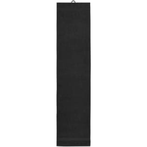 A black sport towel with a hanging loop, designed for gym and outdoor activities.