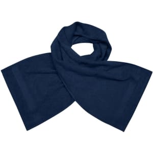 A navy sport towel folded to display its rectangular shape, featuring a subtle texture and a logo.