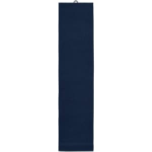 A navy gym towel, featuring a hook for easy hanging and a smooth texture, is displayed vertically.