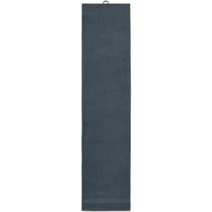 A dark grey sport towel with a hanging loop, designed for gym and outdoor use. It features a logo.