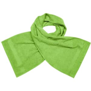 A green sport towel with a soft texture, featuring a logo and an open, folded design.