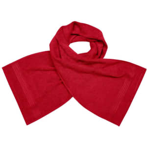 A red sport towel displayed in a folded position, featuring a subtle striped pattern. It has a logo present.