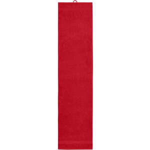 A red sport towel with a loop for hanging, ideal for gym and outdoor activities. Features a branded logo.