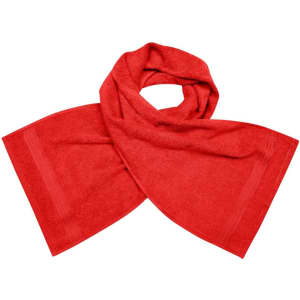 A red sport towel with a textured surface and two parallel stripes along the edges, featuring a logo.