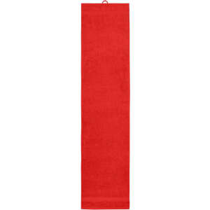 A red sport towel with a hanging loop, featuring a smooth texture and an even colour throughout.