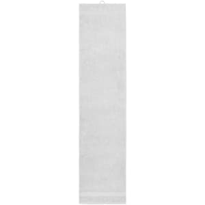 A white sport towel with a hanging loop, suitable for leisure and outdoor activities. It features a logo.