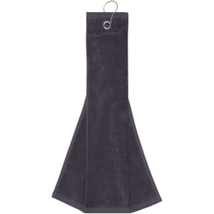 A dark grey golf towel with a hook for easy attachment, featuring a textured fabric for effective drying.