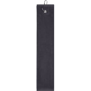 A golf towel in dark grey, featuring a hook for attachment and a sleek design. It has a logo on it.