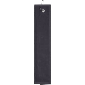 A black golf towel with a hanging loop and metallic attachment, designed for convenience on the course.