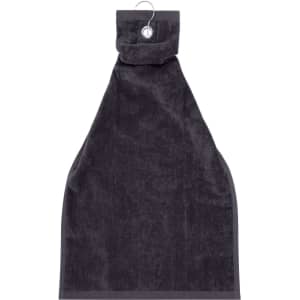 A dark grey golf towel featuring a hanging loop and an attached clip for easy storage.