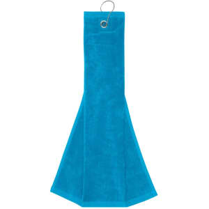 A turquoise golf towel with a hook for attachment, featuring a simple, solid colour design.