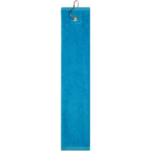 A turquoise golf towel featuring a hook for easy attachment. It has a soft, textured surface and an embroidered logo.
