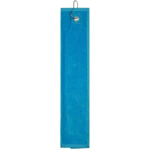 A bright blue golf towel with a grommet and hook for easy attachment. Suitable for golf accessories.