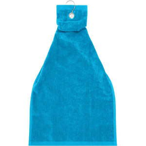 A bright blue golf towel with a loop for attachment. It is soft and has a textured surface.