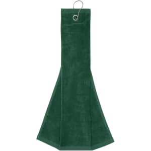 A green golf towel with a hanging loop, featuring a soft texture and an elongated design.