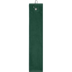 A green golf towel featuring a hanging loop and branding at the top. Ideal for staying dry on the course.