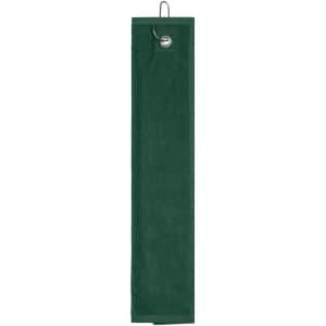 A green golf towel with a metal clip at the top for attachment. It has a simple design without any logos.