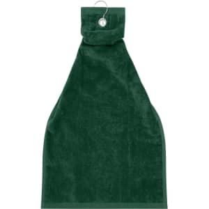 A green golf towel with a hanging loop at the top and a soft, textured surface.