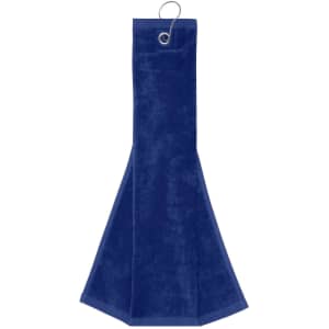 A navy blue golf towel with a hook, featuring a smooth textured surface.