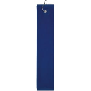 A navy golf towel with a metal grommet for easy attachment. It has a simple design and is suitable for golfing activities.