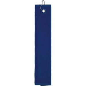 A navy golf towel featuring a hook for attachment. The towel is designed for golfing use.