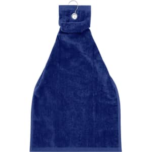 A navy blue golf towel with a loop for hanging and a soft texture. Designed for use on the golf course.