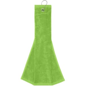 A bright green golf towel with a hanging loop at the top. Features a simple design and soft texture.