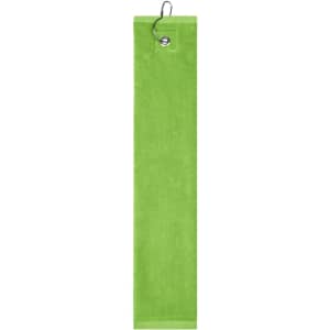 A green golf towel featuring a hook for easy attachment. The fabric appears soft and absorbent.