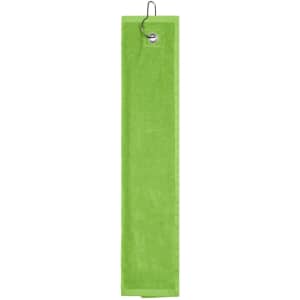 A green golf towel with a hook for easy attachment. It has a plain design and is suitable for golf enthusiasts.