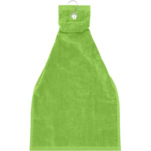 A green golf towel with a loop for hanging and a soft, absorbent texture. It features a logo.