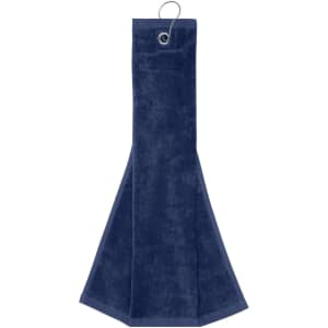A navy golf towel with a hanging loop, featuring a textured surface and a folded design.