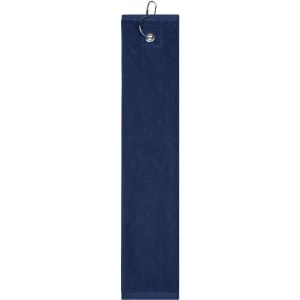 A navy blue golf towel with a clip for attachment. Features a simple design without additional graphics.