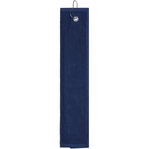 A navy golf towel with a hanging loop, designed for use on the golf course.