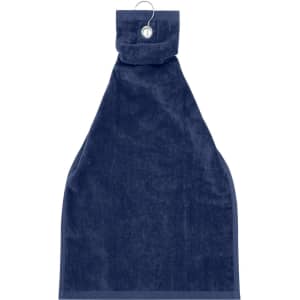 A navy golf towel with a hanging loop, designed for easy attachment. Soft and absorbent fabric.