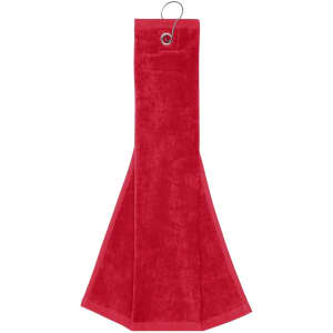 A red golf towel with a loop for hanging. The towel is soft and features a branded logo.