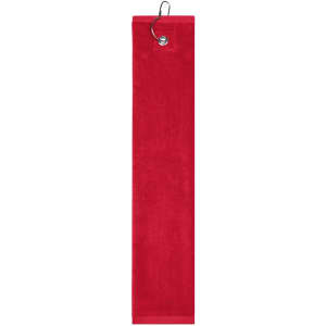 A red golf towel featuring a hanging loop for easy attachment. It has a smooth, plush texture.