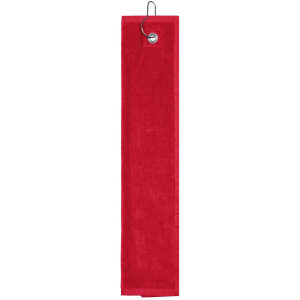 A red golf towel with a metal grommet at the top for hanging.