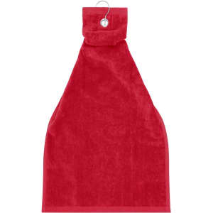 A red golf towel featuring a hanging loop and a branded logo near the top.