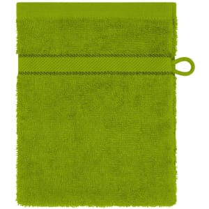 A green flannel towel with a textured surface and a hanging loop at the top. It features a decorative trim.