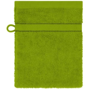 A green flannel towel with a loop for hanging and textured surface. Features stitching across the middle.