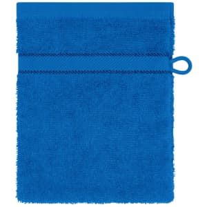 A blue flannel towel with a loop for hanging and two decorative bands on the top.