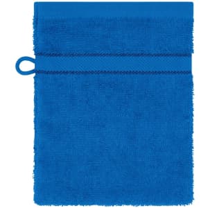 A blue flannel with a textured surface and a loop for hanging. It features a two-stripe design across the middle.