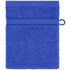 A blue flannel towel featuring a textured surface and a hanging loop for convenience.