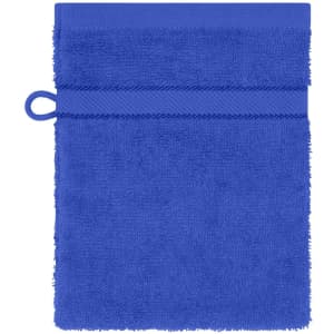 A blue flannel towel with a loop for hanging, featuring a textured surface and a simple design.