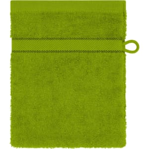 A green flannel towel with a loop for hanging and a textured finish. It features a simple design with no additional branding.