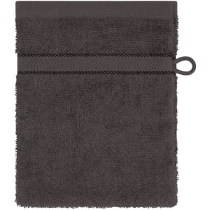 A dark grey towel featuring a textured surface and a loop for hanging. It has a simple, elegant design.